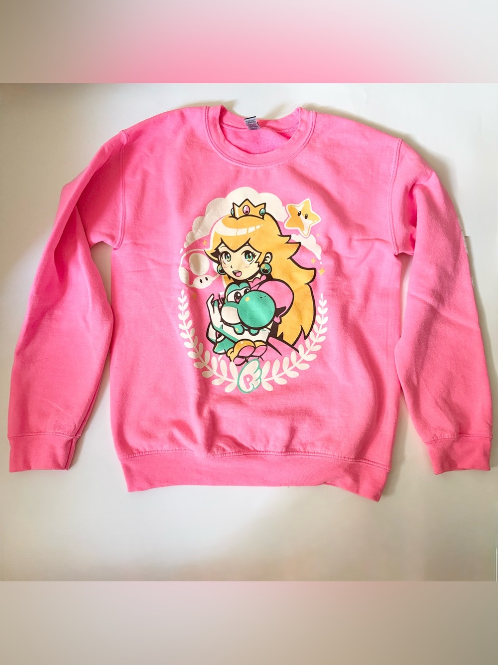 Pink Princess Peach Holding Yoshi Peachy Graphic Crewneck Sweatshirt